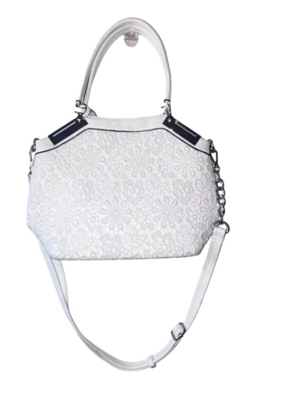 Black rivet Tote White Floral Embroidered Handbag With Adjustable Strap & Chain